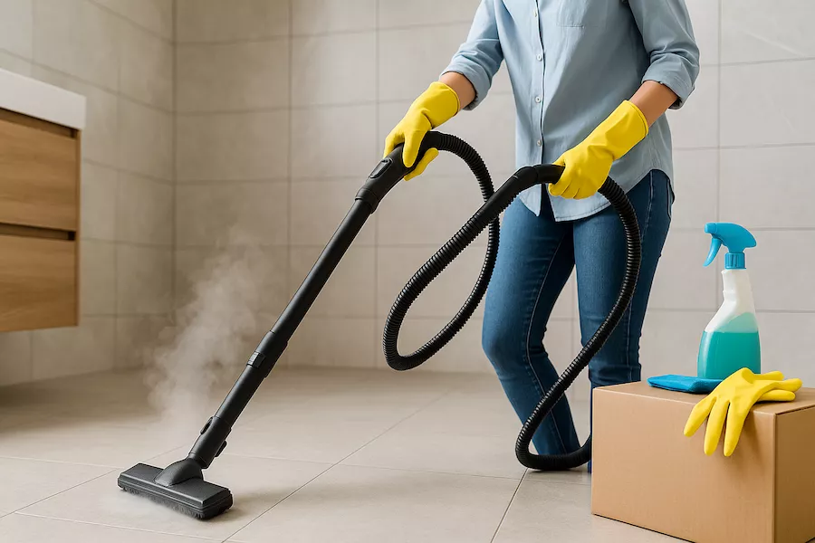 “Person städar hemmet med ångtvätt och rengör kakel och golv – symboliserar effektiv och kemikaliefri rengöring med ånga för ett hygieniskt och skinande rent resultat”